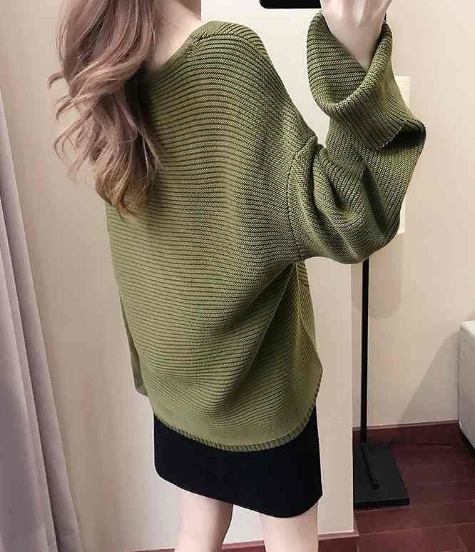 レディース　Ｖネックセーター　ゆったり　ニット　長袖　ベルスリーブ　ビッグシルエット　カジュアル　お出かけ　デート　デイリー　普段着　オリーブ　送料無料