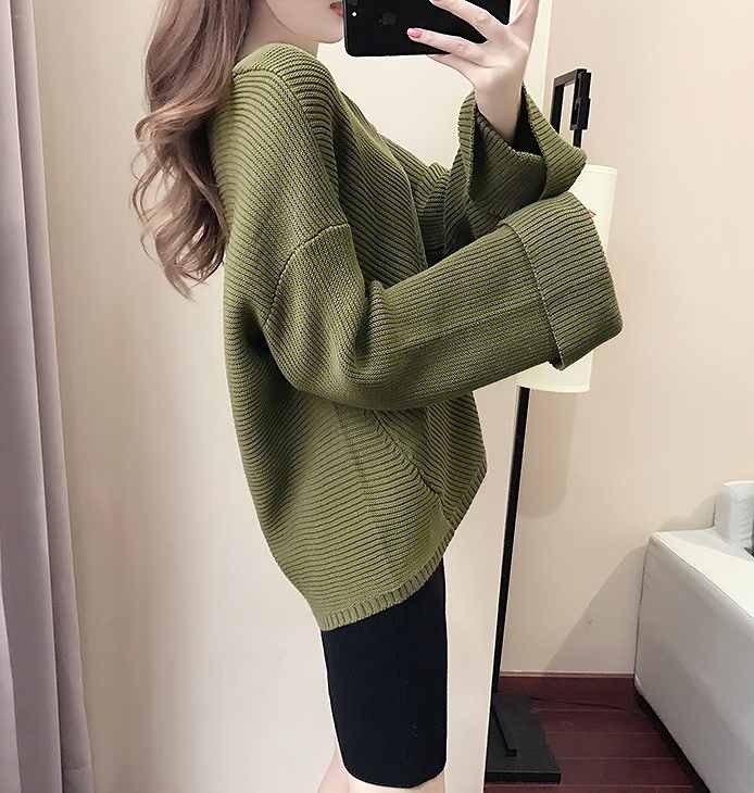 レディース　Ｖネックセーター　ゆったり　ニット　長袖　ベルスリーブ　ビッグシルエット　カジュアル　お出かけ　デート　デイリー　普段着　オリーブ　送料無料