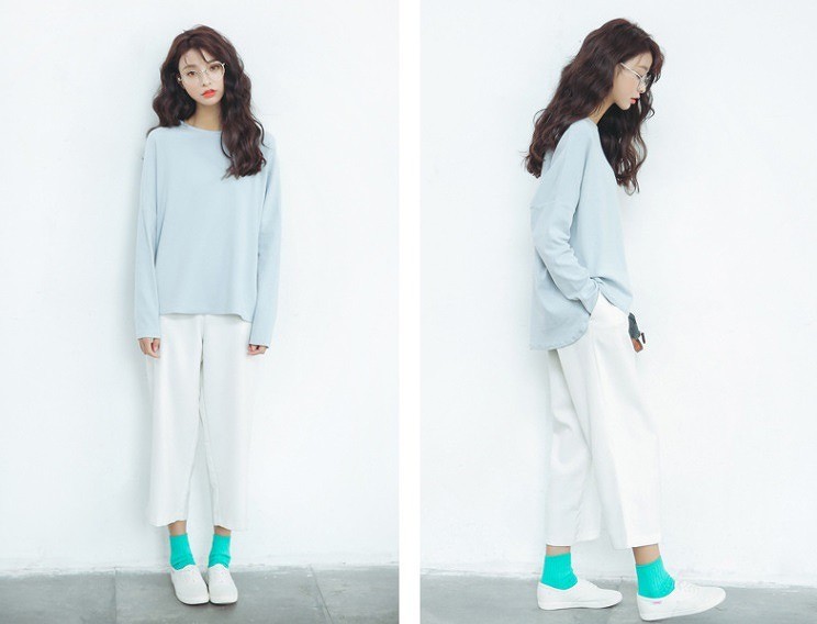 レディース　トップス　コットンＴシャツ　長袖　クルーネック　ビッグヤード　カットソー　ゆったり　ラフ　カジュアル　ストリート　お出かけ　デート　デイリー　普段着　ライトブルー　フリーサイズ　送料無料