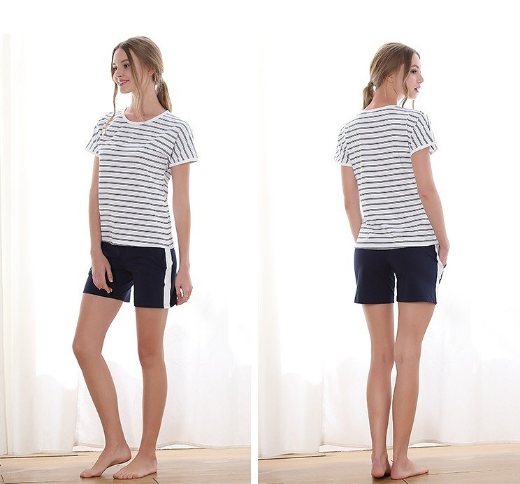 レディース　コットン　半袖　ボーダー　ペアルック　ルームウェア　上下セット　春　部屋着　パジャマ　ナイトウェア　寝間着　セットアップ　Tシャツ　パンツ　ショートパンツ　シンプル　女性用　男性用　メンズ　M　L　XL　XXL　XXXL　ホワイト　送料無料