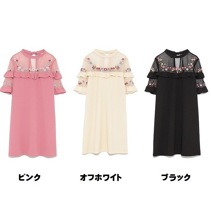 レディース　花柄　刺繍　透け感　ワンピース　フレア　セミショート丈　ミニ丈　トップス　ボトムス　人気　春物　夏物　女性　大人　カジュアル　上品　可愛い　おしゃれ　フェミニン　ファッション　ピンク　オフホワイト　ブラック　S　M　サイズ　送料無料
