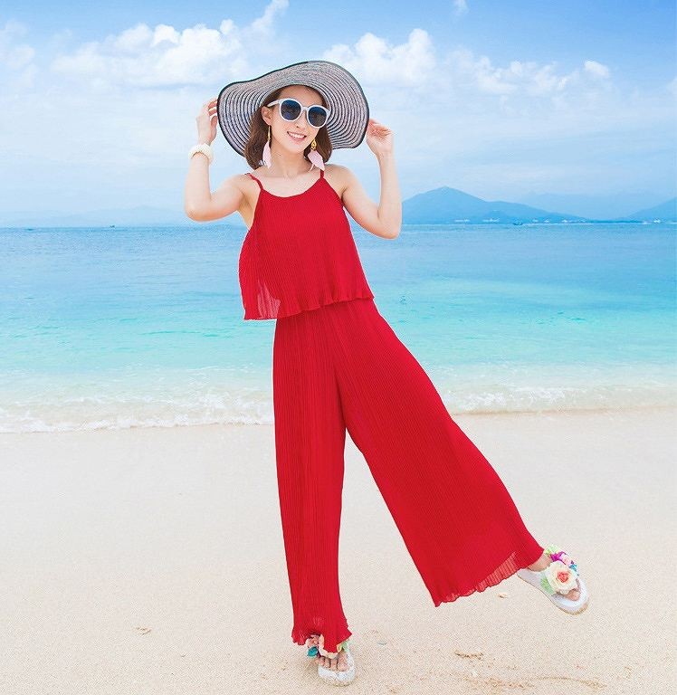 レディース　キャミソール　ワイドレッグパンツ　サロペット　ジャンプスーツ　トップス　ボトムス　人気　春物　夏物　女性　大人　カジュアル　可愛い　フェミニン　きれいめ　エレガント　清楚　上品　おしゃれ　ファッション　レッド　S　M　L　サイズ　送料無料