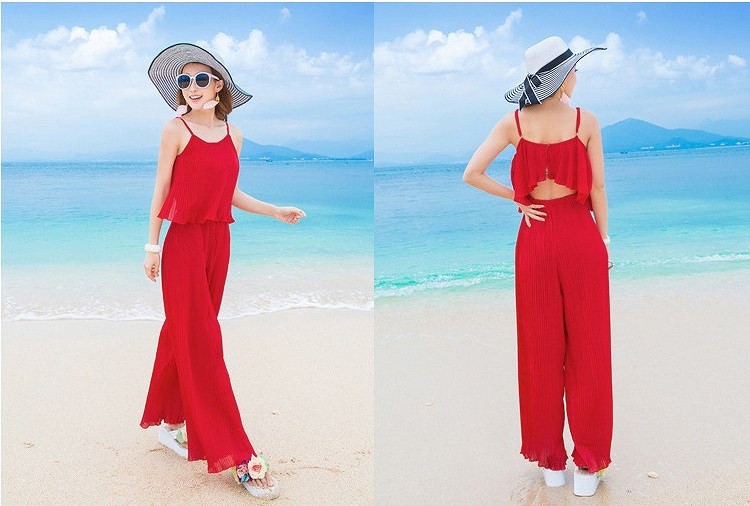 レディース　キャミソール　ワイドレッグパンツ　サロペット　ジャンプスーツ　トップス　ボトムス　人気　春物　夏物　女性　大人　カジュアル　可愛い　フェミニン　きれいめ　エレガント　清楚　上品　おしゃれ　ファッション　レッド　S　M　L　サイズ　送料無料