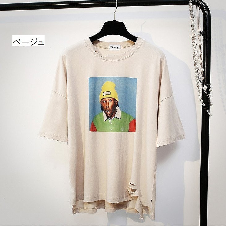 レディース　プリント　ダメージ加工　半袖　Tシャツ　ショートスリーブ　人気　春物　夏物　女性　大人　カジュアル　キュート　可愛い　フェミニン　おしゃれ　ファッション　ピンク　ブルー　ホワイト　フリーサイズ　ワンサイズ　送料無料