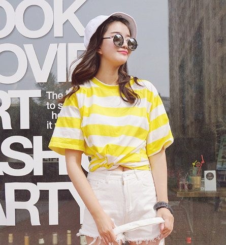 レディース　ファッション　女性　かわいい　ボーダー　ラウンドネック　シャツ　半袖　大人カジュアル　夏　外出　アウトドア　レジャー　外出　イエロー　ホワイト　送料無料