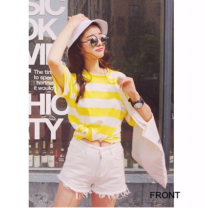 レディース　ファッション　女性　かわいい　ボーダー　ラウンドネック　シャツ　半袖　大人カジュアル　夏　外出　アウトドア　レジャー　外出　イエロー　ホワイト　送料無料