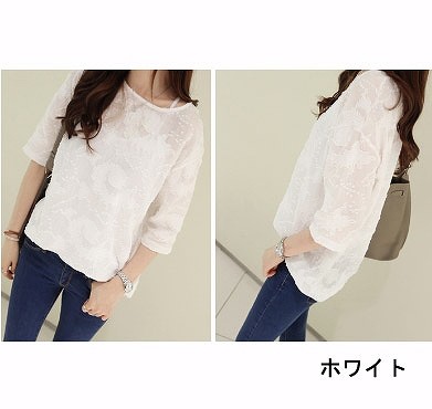 レディース　ファッション　女性　かわいい　ラウンドネック　Ｔシャツ　半袖　レース　ブラウス　大人カジュアル　夏　外出　アウトドア　レジャー　ホワイト　ブラック　送料無料