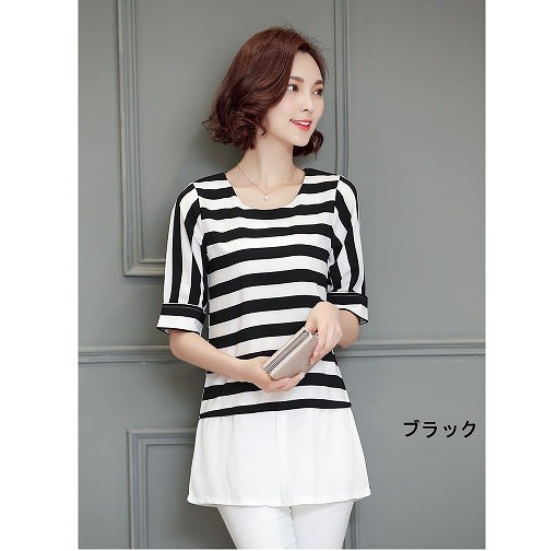 レディース　ファッション　女性　かわいい　ストライプ　Ｔシャツ　半袖　シフォン　ブラウス　大人カジュアル　夏　外出　アウトドア　レジャー　ブラック　ネイビー　送料無料