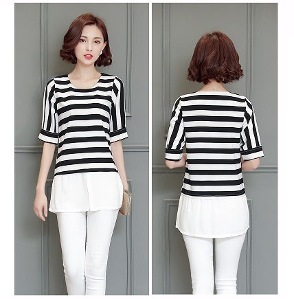 レディース　ファッション　女性　かわいい　ストライプ　Ｔシャツ　半袖　シフォン　ブラウス　大人カジュアル　夏　外出　アウトドア　レジャー　ブラック　ネイビー　送料無料
