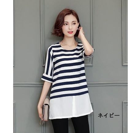 レディース　ファッション　女性　かわいい　ストライプ　Ｔシャツ　半袖　シフォン　ブラウス　大人カジュアル　夏　外出　アウトドア　レジャー　ブラック　ネイビー　送料無料