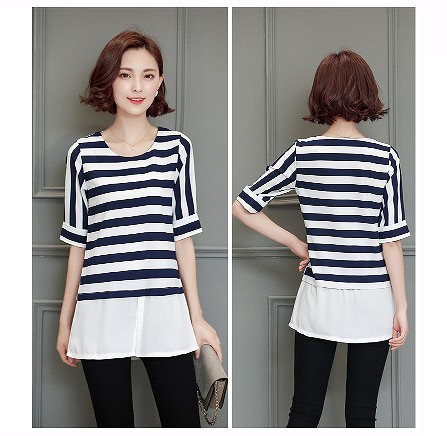 レディース　ファッション　女性　かわいい　ストライプ　Ｔシャツ　半袖　シフォン　ブラウス　大人カジュアル　夏　外出　アウトドア　レジャー　ブラック　ネイビー　送料無料