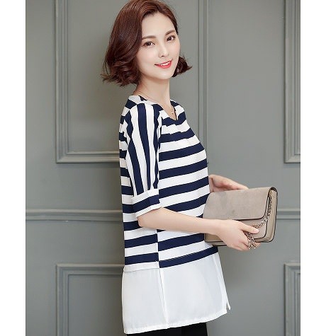 レディース　ファッション　女性　かわいい　ストライプ　Ｔシャツ　半袖　シフォン　ブラウス　大人カジュアル　夏　外出　アウトドア　レジャー　ブラック　ネイビー　送料無料