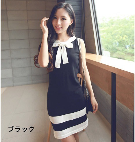 レディース　ワンピース　ノースリーブ　大きいサイズ　スリム　ニットドレス　リボンタイ　ボーダー　膝丈　大人　お嬢様風　清楚　お呼ばれコーデ　春夏　リゾート　デート　ホワイト　ブラック　モノトーン　送料無料