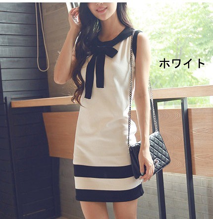 レディース　ワンピース　ノースリーブ　大きいサイズ　スリム　ニットドレス　リボンタイ　ボーダー　膝丈　大人　お嬢様風　清楚　お呼ばれコーデ　春夏　リゾート　デート　ホワイト　ブラック　モノトーン　送料無料