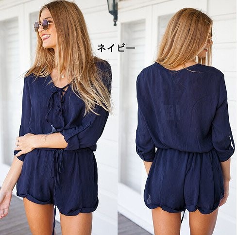 レディース　ジャンプスーツ　オールインワン　サロペット　編みこみ　リボン　大きいサイズ　長袖　ロールアップ　ショートパンツ　無地　大人　可愛い　カジュアル　きれいめ　春夏　涼しい　リゾート　デート　ネイビー　ホワイト　送料無料