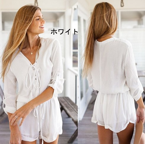 レディース　ジャンプスーツ　オールインワン　サロペット　編みこみ　リボン　大きいサイズ　長袖　ロールアップ　ショートパンツ　無地　大人　可愛い　カジュアル　きれいめ　春夏　涼しい　リゾート　デート　ネイビー　ホワイト　送料無料