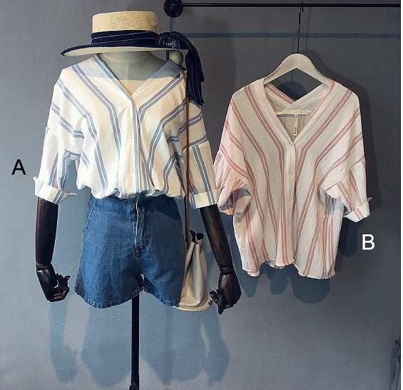 レディース　トップス　Vネック　コットン　ストライプ　ブラウス　シャツ　ロールアップ　半袖　春夏　シンプル　カジュアル　フェミニン　普段着　おしゃれ　デート　リゾート　ピンク　ブルー　ホワイト　送料無料