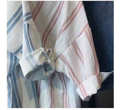 レディース　トップス　Vネック　コットン　ストライプ　ブラウス　シャツ　ロールアップ　半袖　春夏　シンプル　カジュアル　フェミニン　普段着　おしゃれ　デート　リゾート　ピンク　ブルー　ホワイト　送料無料