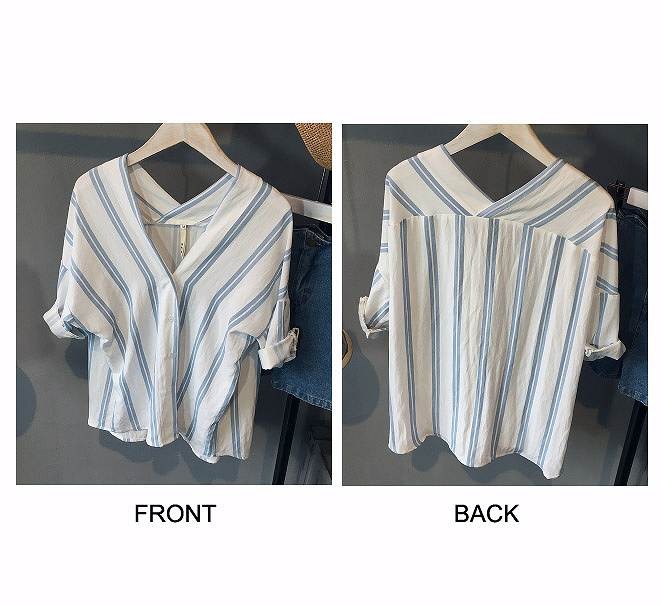 レディース　トップス　Vネック　コットン　ストライプ　ブラウス　シャツ　ロールアップ　半袖　春夏　シンプル　カジュアル　フェミニン　普段着　おしゃれ　デート　リゾート　ピンク　ブルー　ホワイト　送料無料