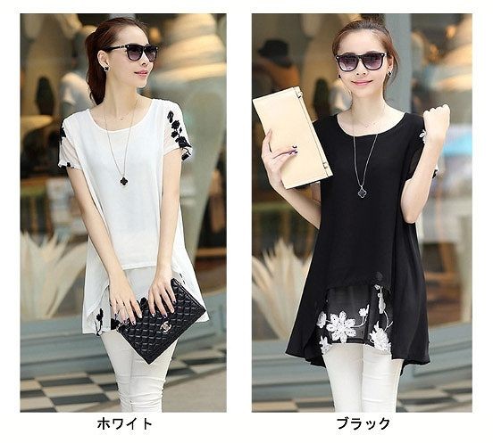レディース　ファッション　トップス　チュニック  Tシャツ シフォン　ブラウス　フリル　花柄　詩集　半袖　ラウンドネック　大人カジュアル　かわいい　夏　買い物　旅行　デート　ブラック　ホワイト　送料無料