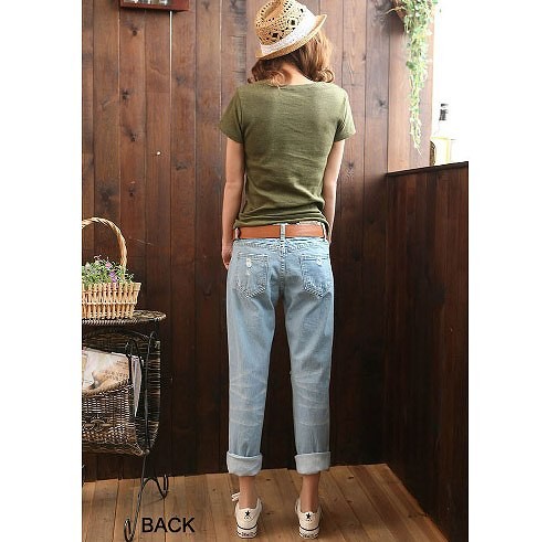 レディース　クラッシュ　ジーンズ　デニムパンツ　ダメージ　ジーンズ　ヴィンテージ加工　ロールアップ　ボトムス　フレイドヘム　切りっぱなし　スリム　無地　カジュアル　シンプル　美脚　リゾート　普段着　デイリー　お出かけ　デート　ブルー　送料無料