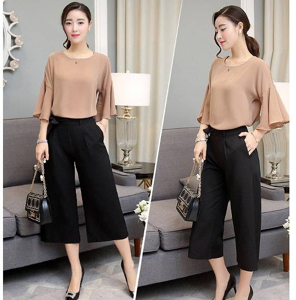 レディース　セットアップ　トップス&パンツ　ガウチョパンツ　シフォントップス　ボトムス　カットソー　アンサンブル　5分袖　無地　ゆったり　大きいサイズ　シンプル　大人　シック　リゾート　デート　デイリー　ブラック　ベージュ　送料無料