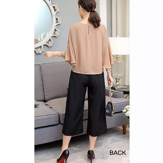 レディース　セットアップ　トップス&パンツ　ガウチョパンツ　シフォントップス　ボトムス　カットソー　アンサンブル　5分袖　無地　ゆったり　大きいサイズ　シンプル　大人　シック　リゾート　デート　デイリー　ブラック　ベージュ　送料無料