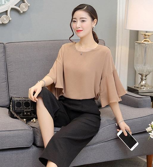 レディース　セットアップ　トップス&パンツ　ガウチョパンツ　シフォントップス　ボトムス　カットソー　アンサンブル　5分袖　無地　ゆったり　大きいサイズ　シンプル　大人　シック　リゾート　デート　デイリー　ブラック　ベージュ　送料無料