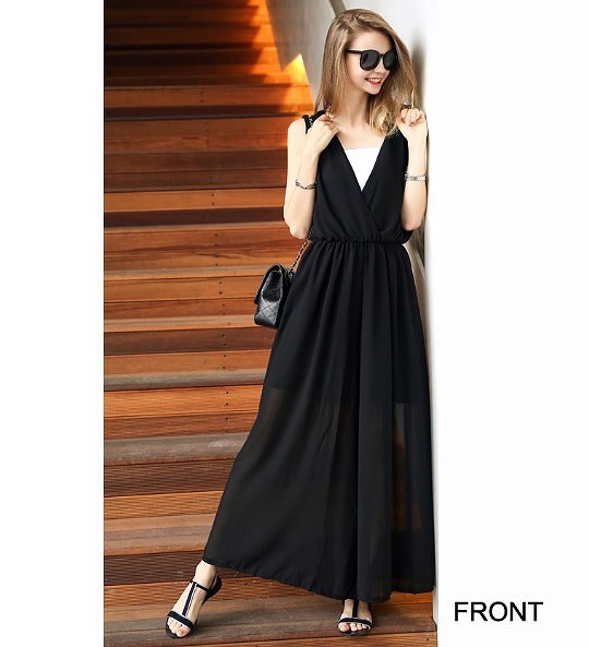 レディース　オールインワン　サロペット　オーバーオール　ガウチョパンツ　ボトムス　ノースリーブ　無地　ウエスト調節　大きいサイズ　大人カジュアル　ゆったり　シンプル　デート　お出かけ　デイリー　普段着　ブラック　送料無料