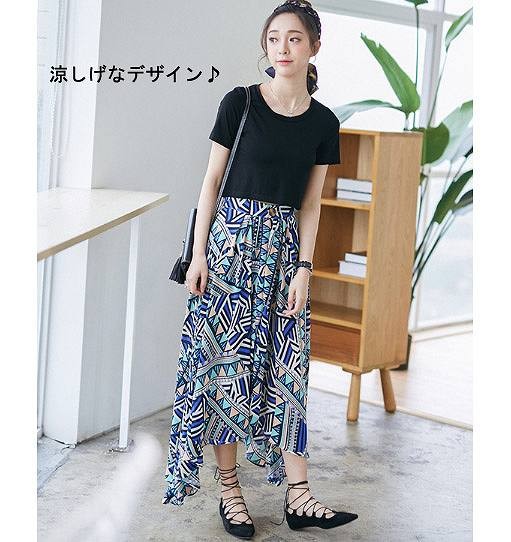 レディース　ファッション　トップス　ボトムス　ショート　Tシャツ　ロングスカート　ビッグスイング　涼し気　ラウンドネック　半袖　カラフル　デート　買い物　旅行　大人カジュアル　ブラック　送料無料