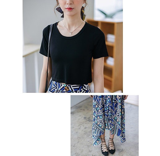 レディース　ファッション　トップス　ボトムス　ショート　Tシャツ　ロングスカート　ビッグスイング　涼し気　ラウンドネック　半袖　カラフル　デート　買い物　旅行　大人カジュアル　ブラック　送料無料