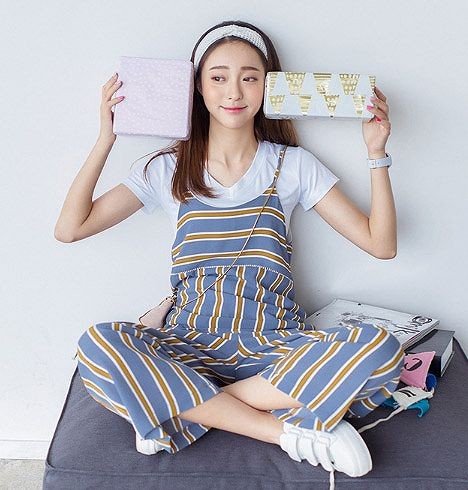 レディース　ファッション　トップス　ボトムス　シャツ　Vネック　ワイドレッグ　パンツ　ストライプ　ボーダー　大人カジュアル　デート　旅行　アウトドア　普段着　ブルー　ブラック　アプリコット　送料無料