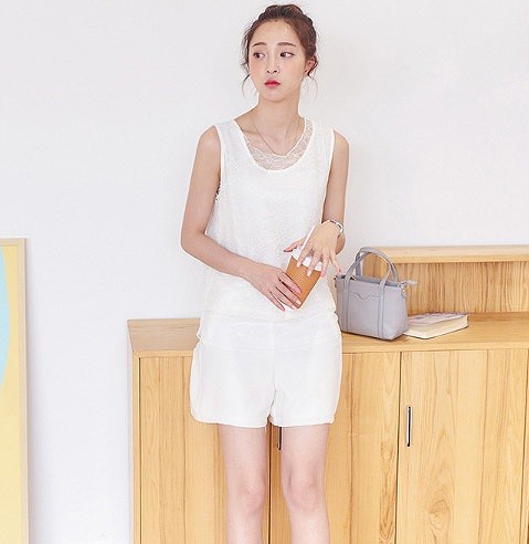 レディース　ファッション　トップス　ボトムス　タンクトップ　レース　ラウンドネック　ハーフパンツ　シンプル　大人カジュアル　セクシー　キュート　買い物　旅行　アウトドア　普段着　ブラック　ホワイト　送料無料