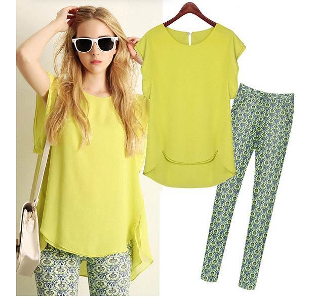 レディース　ファッション　トップス　ボトムス　シンプル　ラウンドネック　カットソー　ノースリーブ　ロングパンツ　かわいい　おしゃれ　大人カジュアル　春　夏　秋　買い物　外出　普段着　イエロー　送料無料
