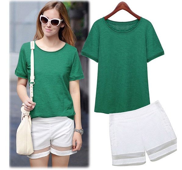 レディース　ファッション　トップス　ボトムス　Tシャツ　シンプル　単色　ラウンドネック　半袖　ショートパンツ　レース　かわいい　キュート　カジュアル　夏　涼し気　旅行　デート　普段着　グリーン×ホワイト　送料無料