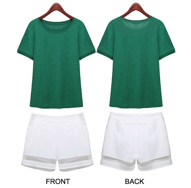 レディース　ファッション　トップス　ボトムス　Tシャツ　シンプル　単色　ラウンドネック　半袖　ショートパンツ　レース　かわいい　キュート　カジュアル　夏　涼し気　旅行　デート　普段着　グリーン×ホワイト　送料無料