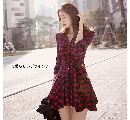 レディース　ワンピース　長袖　シャツドレス　大きいサイズ　カジュアル　チェック　ひざ上　ミニスカート　大きいサイズ　可愛い　シャツワンピ　お嬢様風　お呼ばれコーデ　秋冬　リゾート　デート　レッド　ブラック　送料無料