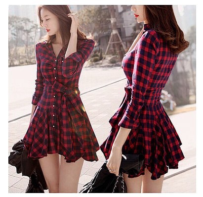 レディース　ワンピース　長袖　シャツドレス　大きいサイズ　カジュアル　チェック　ひざ上　ミニスカート　大きいサイズ　可愛い　シャツワンピ　お嬢様風　お呼ばれコーデ　秋冬　リゾート　デート　レッド　ブラック　送料無料