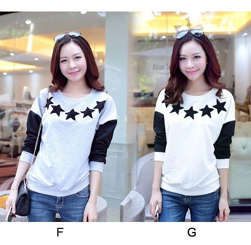 レディース　トップス　長袖　ラウンドネック　カットソー　Tシャツ　スター　ゆったり　秋冬　大きいサイズ　大人カジュアル　おしゃれ　デート　リゾート　普段着　グレー　ホワイト　ブラック　ブルー　ピンク　送料無料