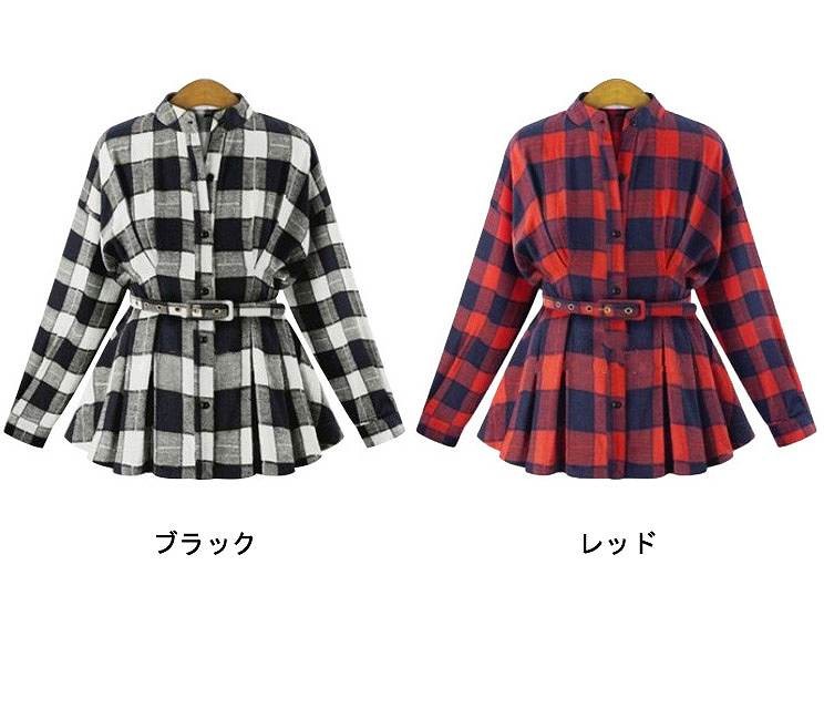 レディース　シャツ　長袖　ブラウス　ウエストベルト　シャツワンピ　カジュアル　チェック　可愛い　フェミニン　秋冬　リゾート　デート　レッド　ブラック　送料無料
