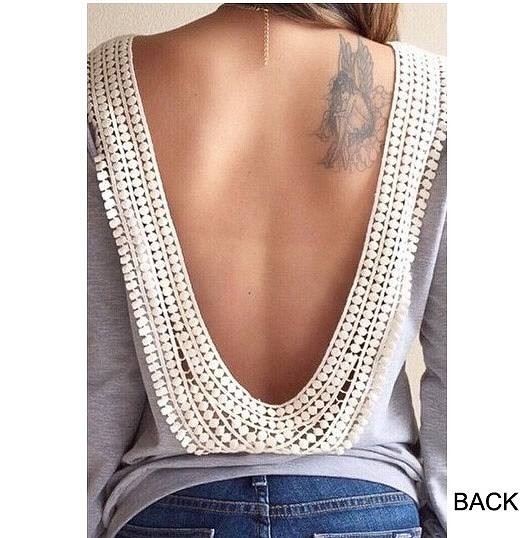 レディース　トップス　長袖　ラウンドネック　カットソー　Tシャツ　レース　バックレス　背中開き　ゆったり　無地　大人カジュアル　おしゃれ　セクシー　デート　リゾート　買い物　ブルー　ホワイト　送料無料