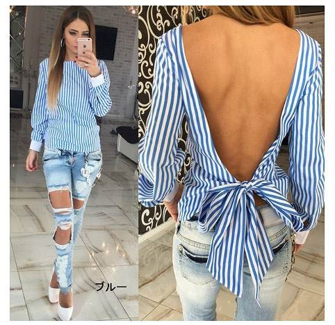 レディース　トップス　長袖　カットソー　シャツ　ブラウス　バックリボン　バックレス　背中開き　ゆったり　ストライプ　大人カジュアル　おしゃれ　セクシー　デート　リゾート　買い物　ブルー　ピンク　送料無料