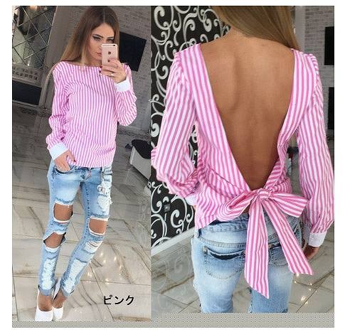 レディース　トップス　長袖　カットソー　シャツ　ブラウス　バックリボン　バックレス　背中開き　ゆったり　ストライプ　大人カジュアル　おしゃれ　セクシー　デート　リゾート　買い物　ブルー　ピンク　送料無料