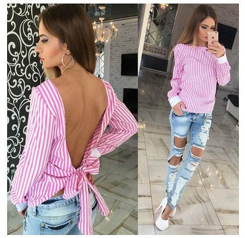 レディース　トップス　長袖　カットソー　シャツ　ブラウス　バックリボン　バックレス　背中開き　ゆったり　ストライプ　大人カジュアル　おしゃれ　セクシー　デート　リゾート　買い物　ブルー　ピンク　送料無料