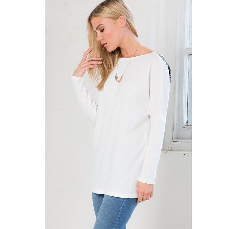 レディース　トップス　長袖　ラウンドネック　ロング丈　カットソー　Tシャツ　レース　バックレス　背中Vライン　ゆったり　羽プリント　大人カジュアル　おしゃれ　セクシー　デート　リゾート　買い物　ホワイト　送料無料