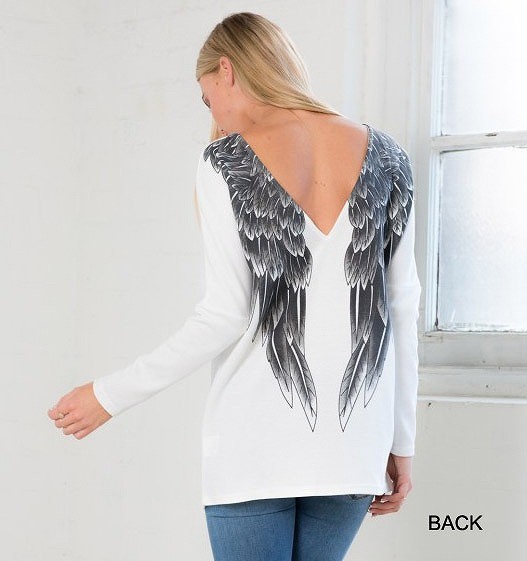 レディース　トップス　長袖　ラウンドネック　ロング丈　カットソー　Tシャツ　レース　バックレス　背中Vライン　ゆったり　羽プリント　大人カジュアル　おしゃれ　セクシー　デート　リゾート　買い物　ホワイト　送料無料