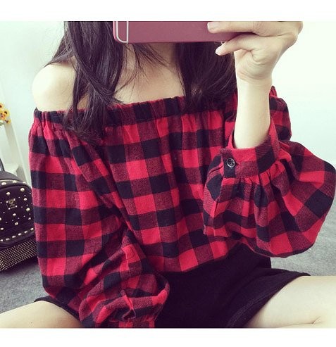 レディース　トップス　ブロックチェック　オフショルダー　シャツ　長袖　パフスリーブ　ゆったり　大きいサイズ　ゆるシャツ　大人カジュアル　フェミニン　おしゃれ　デート　リゾート　お出かけ　買い物　レッド　ブラック　送料無料