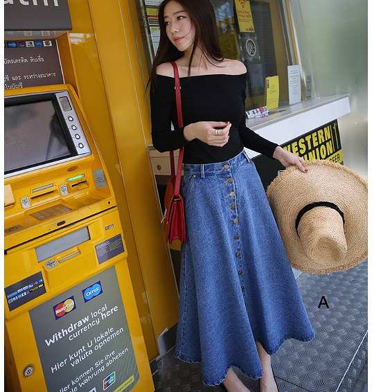 レディース　ファッション　ドレススカート　ロングデニム　長袖　　夏　大人カジュアル　かわいい　キュート　旅行　買い物　デート　外出　ブルー　ネイビー　送料無料