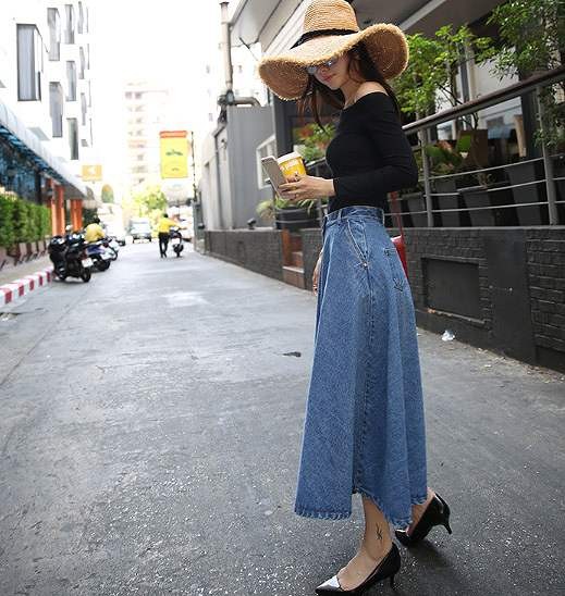 レディース　ファッション　ドレススカート　ロングデニム　長袖　　夏　大人カジュアル　かわいい　キュート　旅行　買い物　デート　外出　ブルー　ネイビー　送料無料