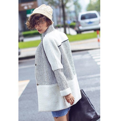レディース　ファッション　ウールジャケット　シングルブレスト　チェック切り替え　夏　大人カジュアル　かわいい　キュート　旅行　買い物　デート　外出　ホワイト　送料無料